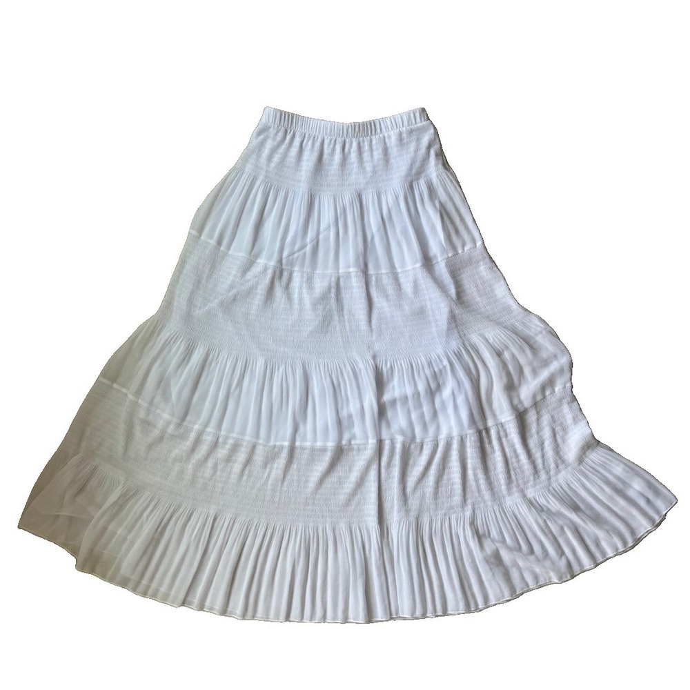 Boho White Tiered Maxi Skirt Medium Boho Smocked Elastic Waist Flowy Cottagecore